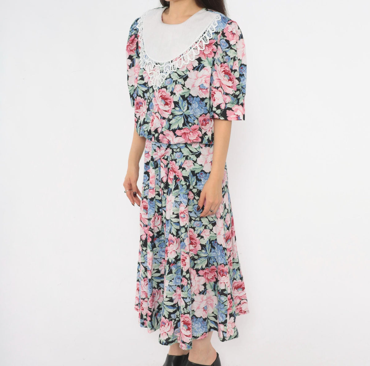 80s Floral Midi Dress Black Pink Rose Lace Collar Puff Sleeve Drop Waist Large L