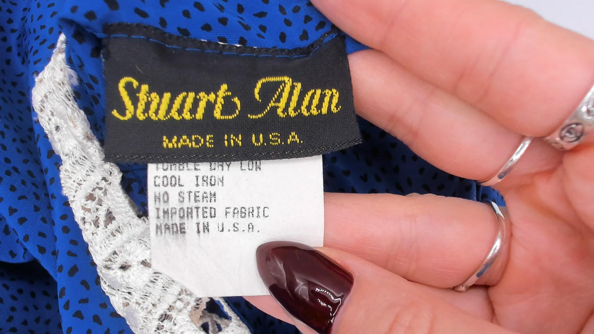 80s Stuart Alan Cobalt Midi Dress Lace Collar Puff Sleeve Dot Print Medium