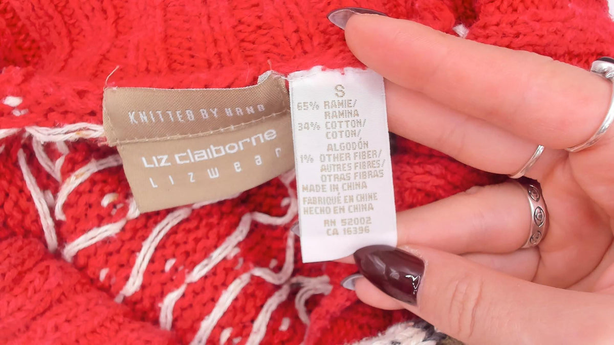90s Liz Claiborne Hand Knit Reindeer Sweater Red Shawl Collar Small