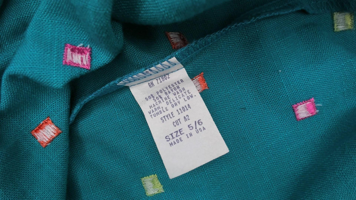 90s First Focus Teal Shift Dress Embroidered Geometric Scoop Neck Small