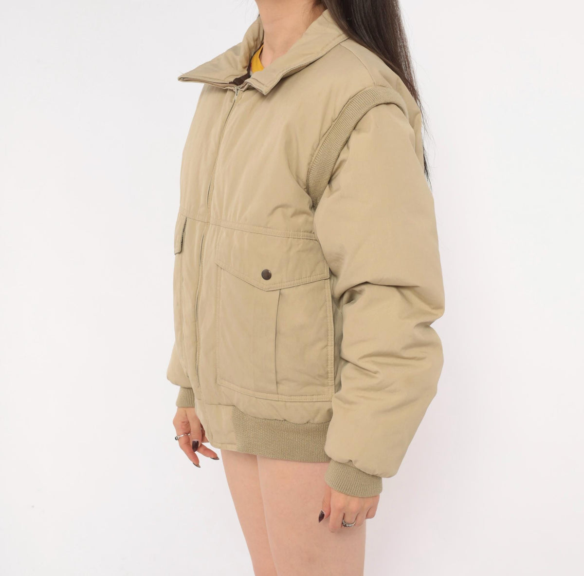 70s Natural High Down Bomber Jacket Convertible Zip-Off Sleeves Tan Medium