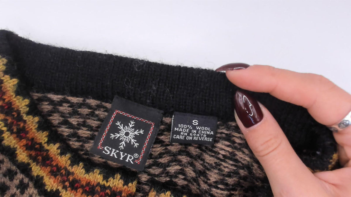 90s Skyr Wool Cardigan Black Tan Fair Isle Nordic Knit Small S