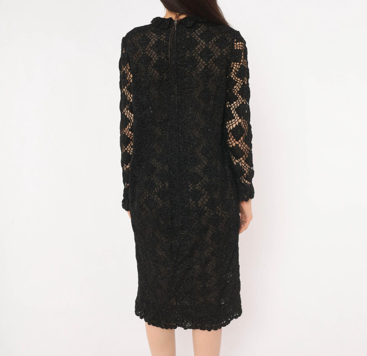 70s Black Crochet Lace Dress Metallic Sparkle Long Sleeve Knee-Length Small