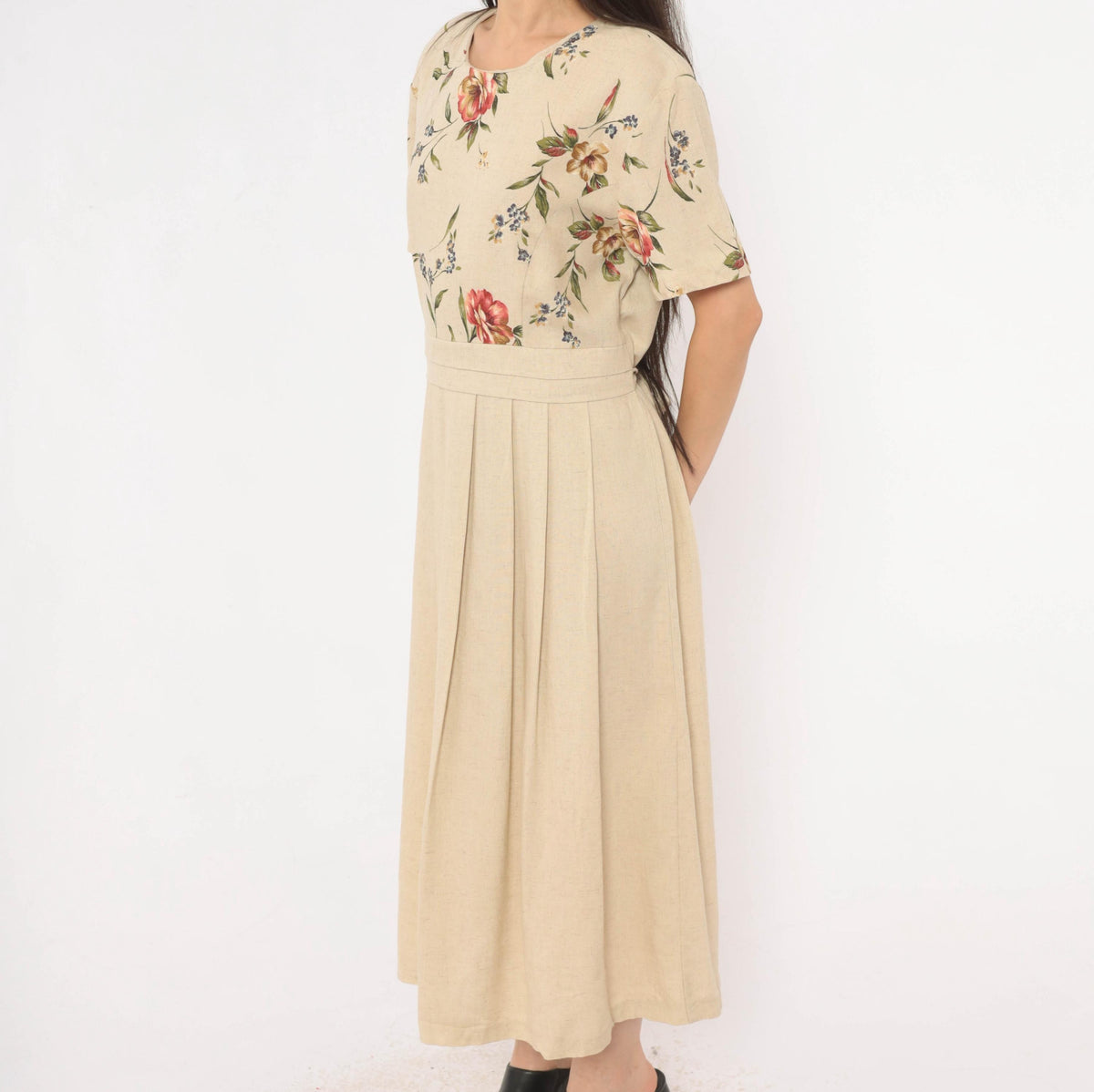 90s Just in Thyme Floral Midi Dress Cream Rose Print A-Line Large L
