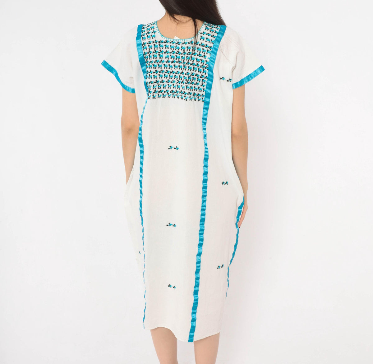 90s White Cotton Midi Dress Turquoise Embroidered Floral Bib Yoke Medium M
