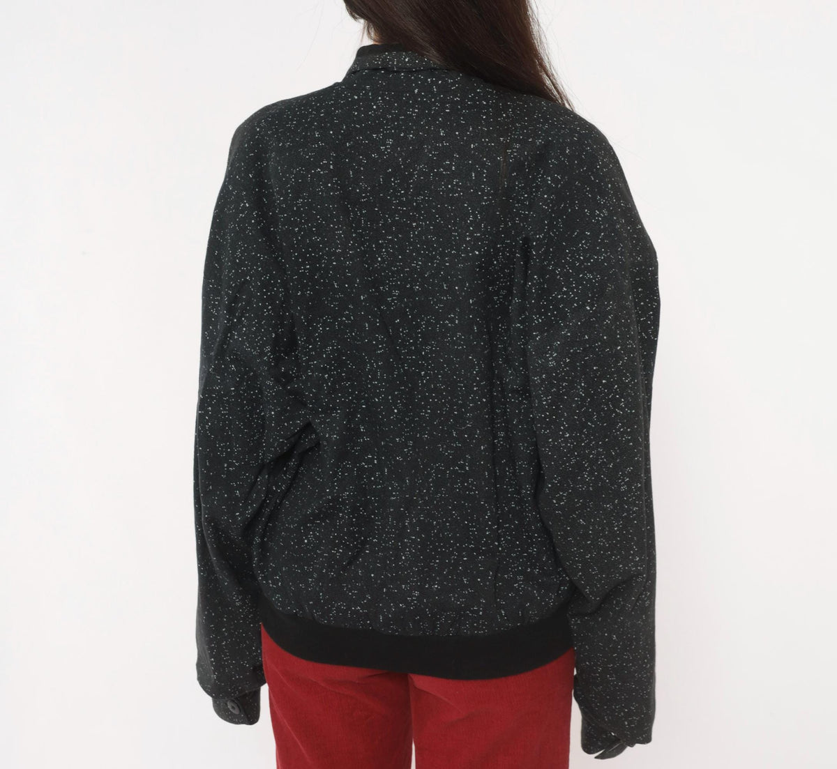90s Code Zero Black Cotton Bomber Jacket White Speckled Notched Lapel Large L