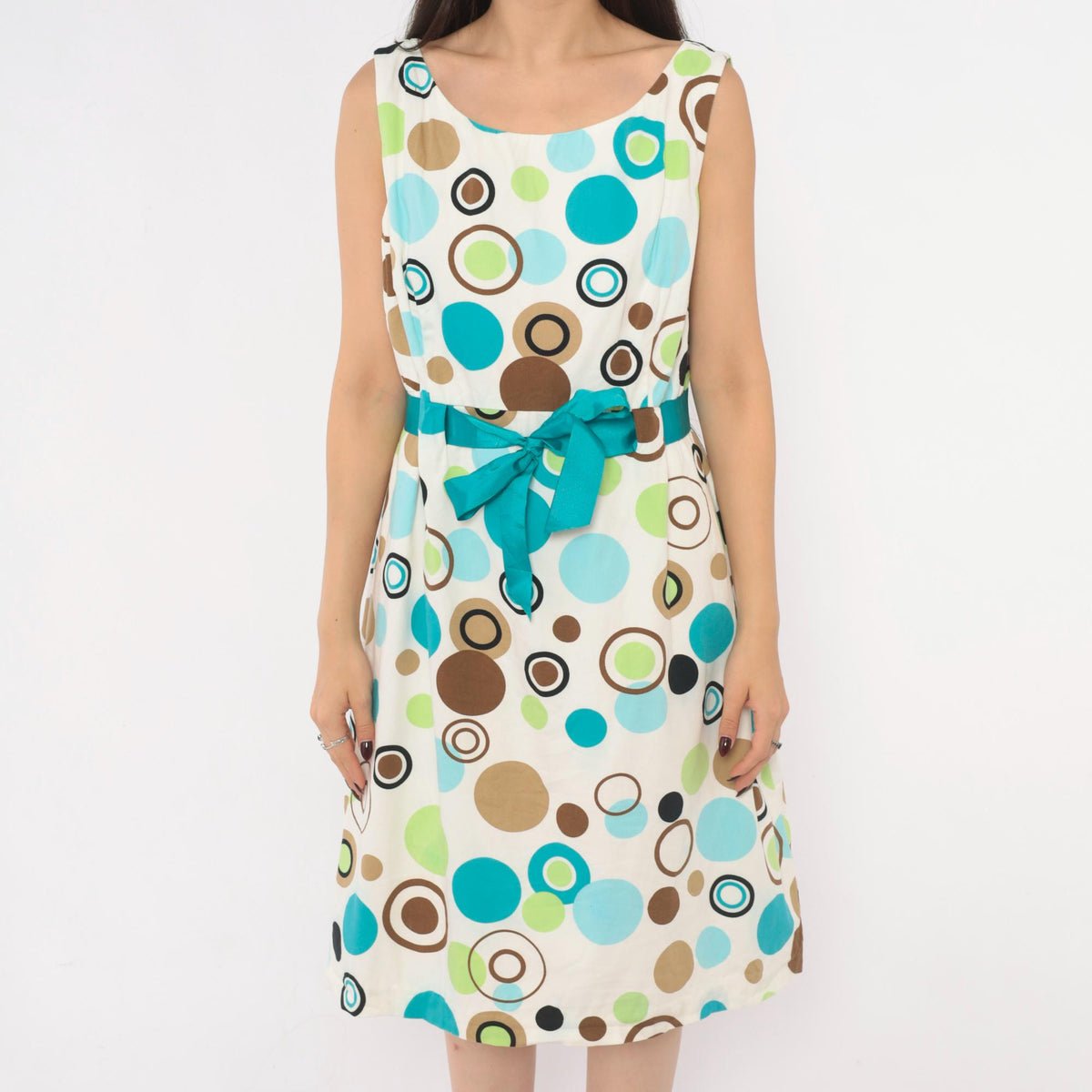 90s Jessica Howard White Polka Dot Sundress Teal Green Brown Knee-Length Large L
