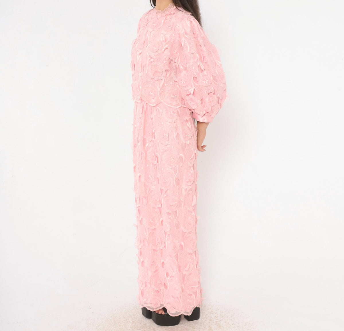 80s Bernadette Designs Pink Maxi Dress Floral Embroidered Puff Sleeve Large L