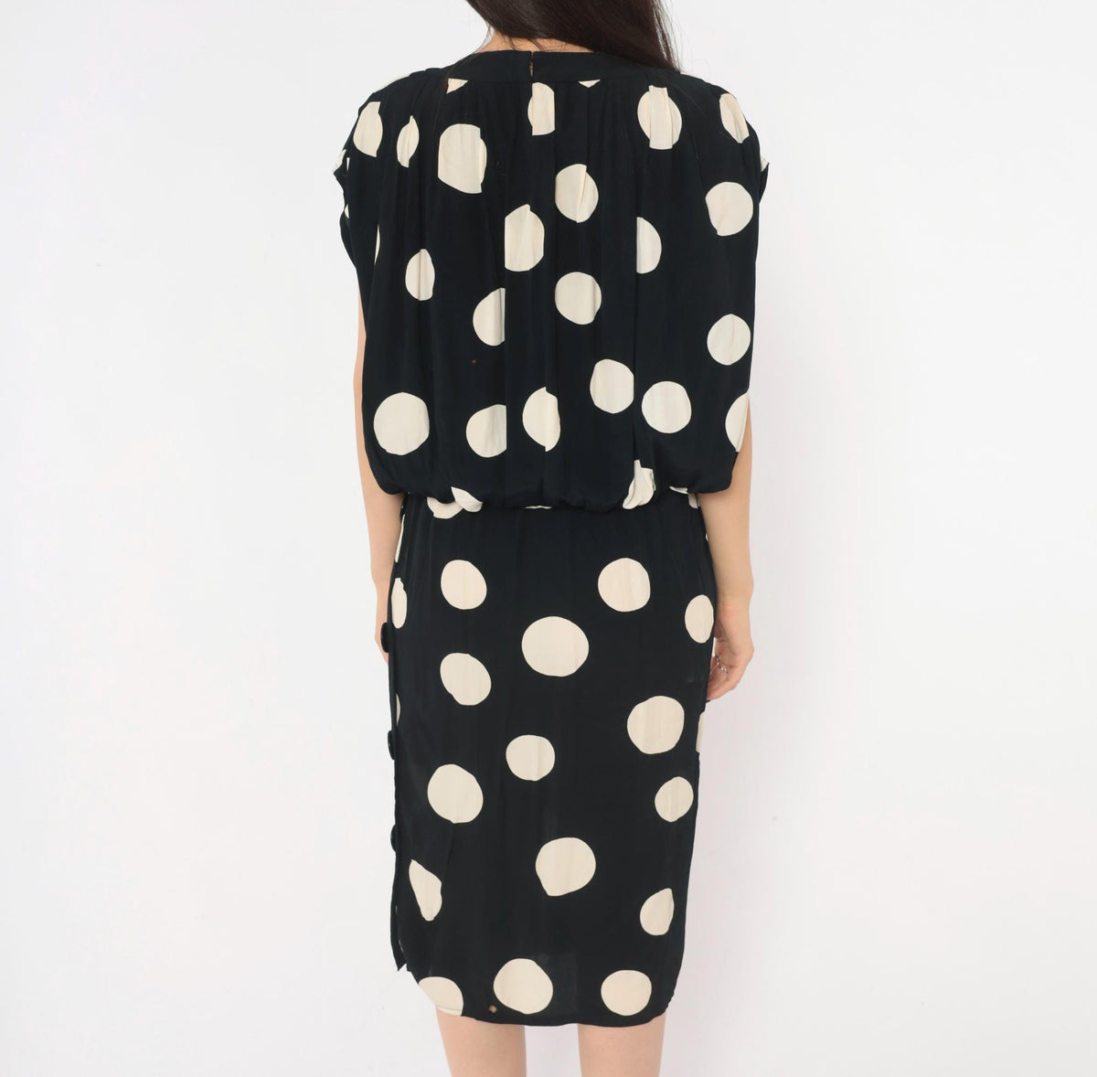 90s Chetta B Polka Dot Midi Dress Black Cream Cap Sleeve Small S