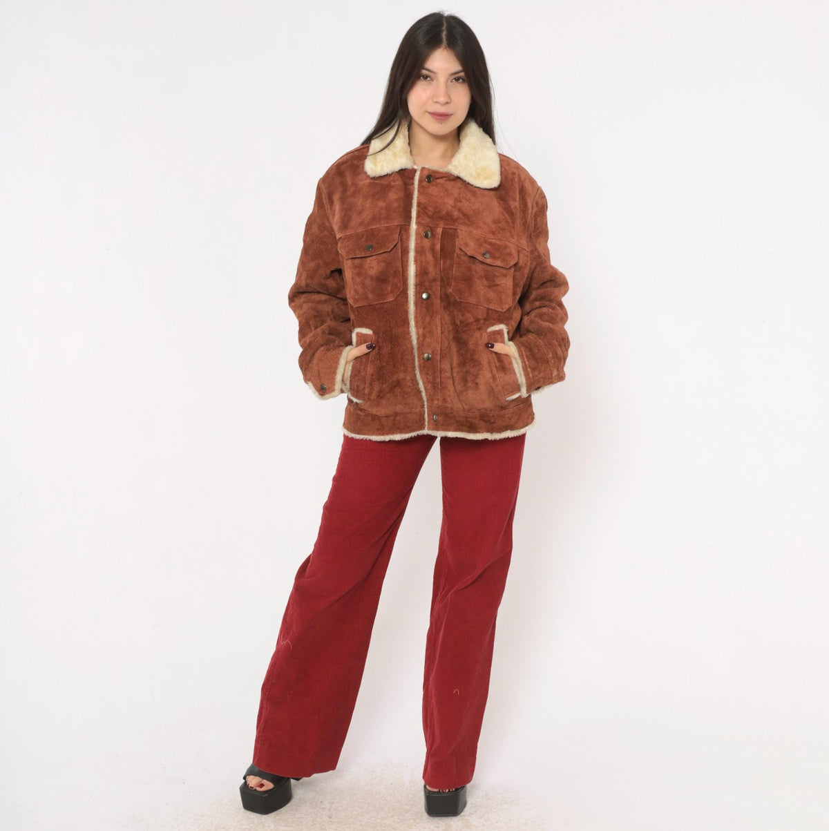 70s Grande Bay Brown Suede Trucker Jacket Shearling Lined Medium