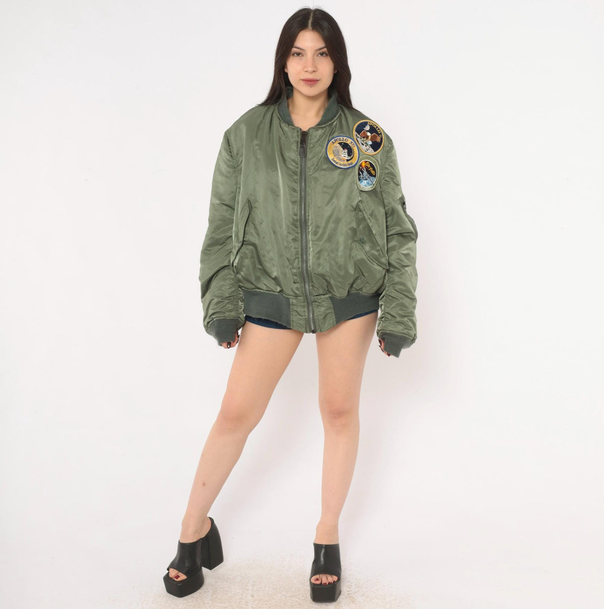 90s MA-1 Bomber Jacket Olive Green Reversible Orange Flight Coat Large L