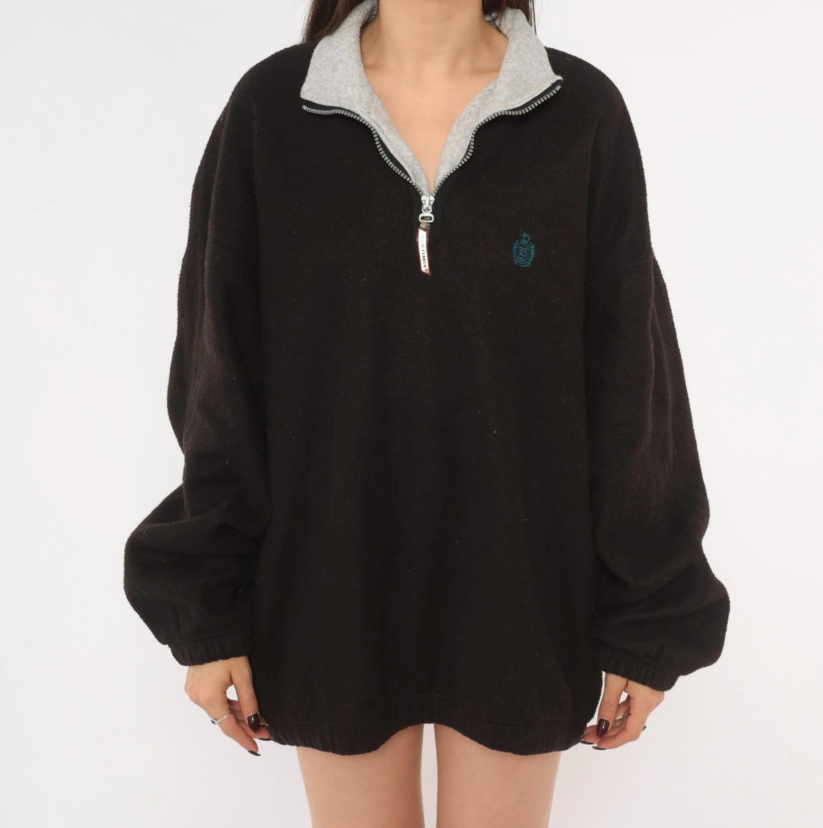 90s Snow Fleece Black Half Zip Pullover Grey Collar Raglan Extra Large XL