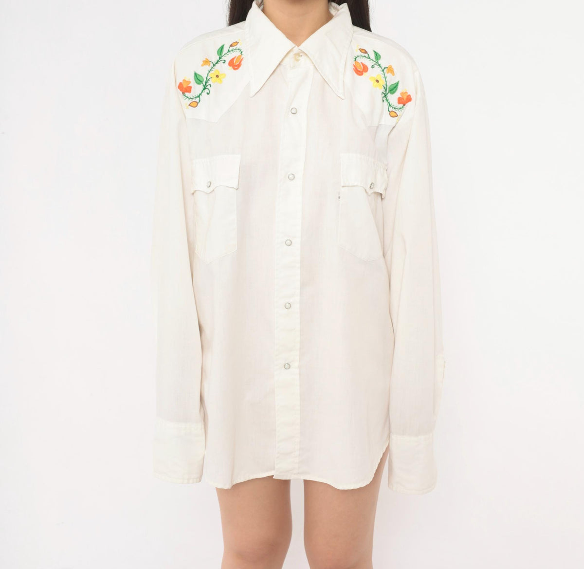 70s Levi's Western Shirt Floral Embroidered Yoke White Pearl Snap Large
