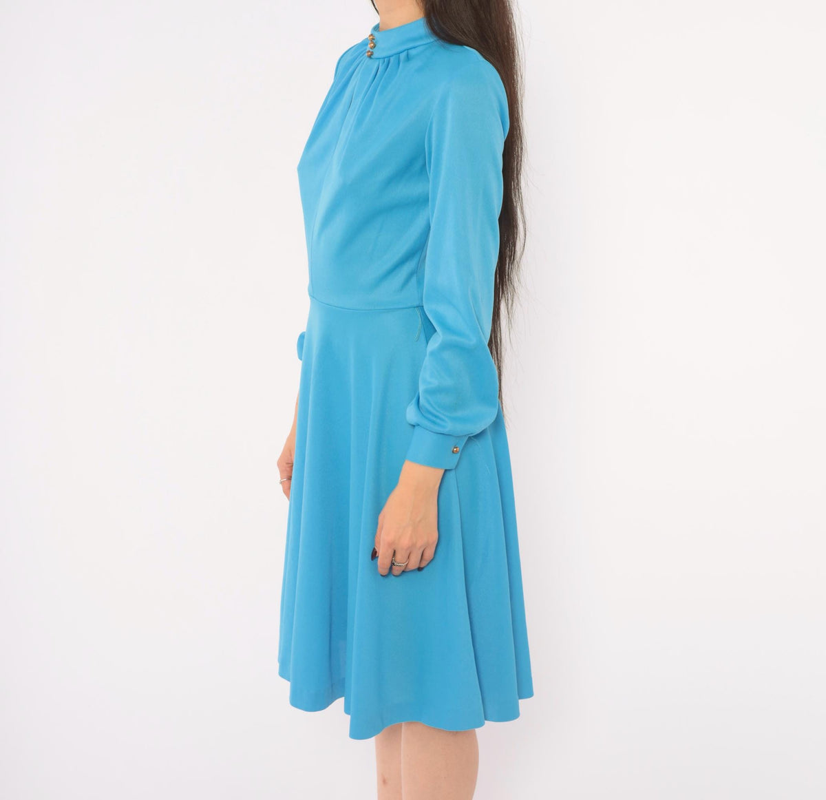 70s Sky Blue A-Line Dress Long Sleeve Keyhole Gold Buttons Small S