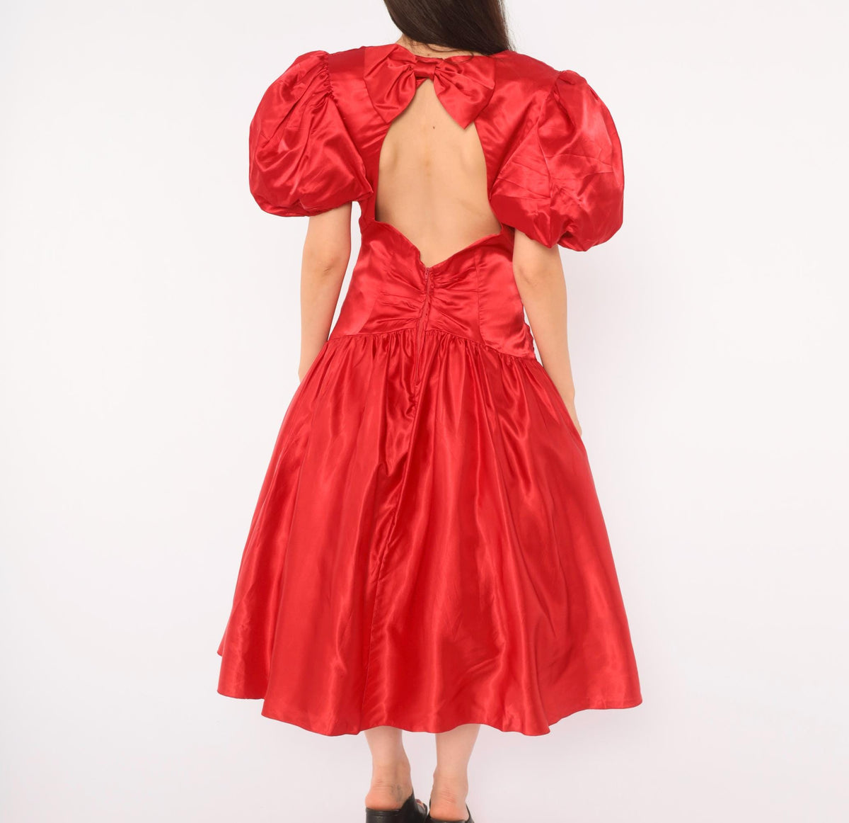 80s Red Prom Dress Sweetheart Neckline Puff Sleeve Open Back Midi Medium
