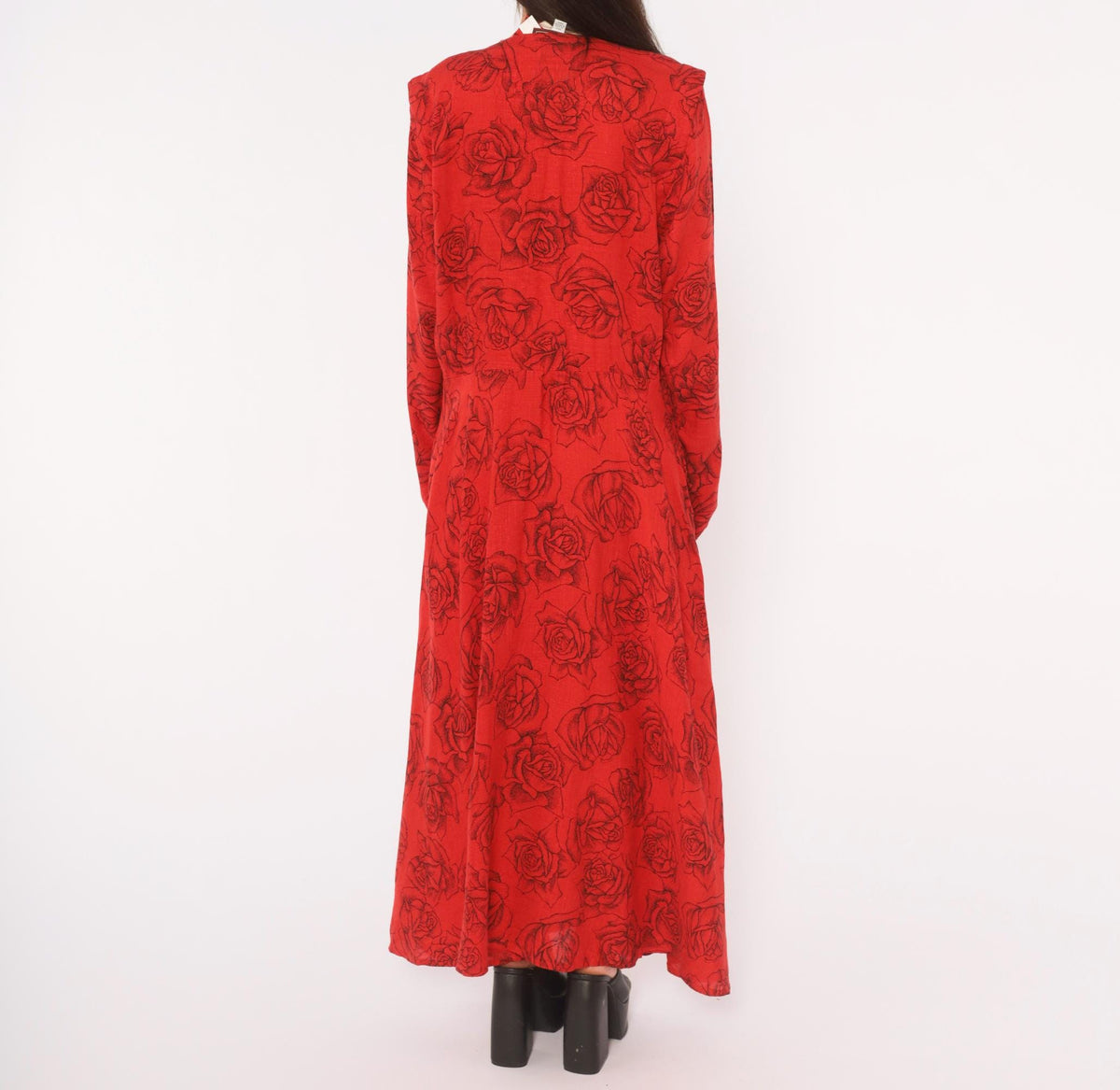 80s Red Rose Print Linen Dress Black Floral Ankle Length Button Front Medium