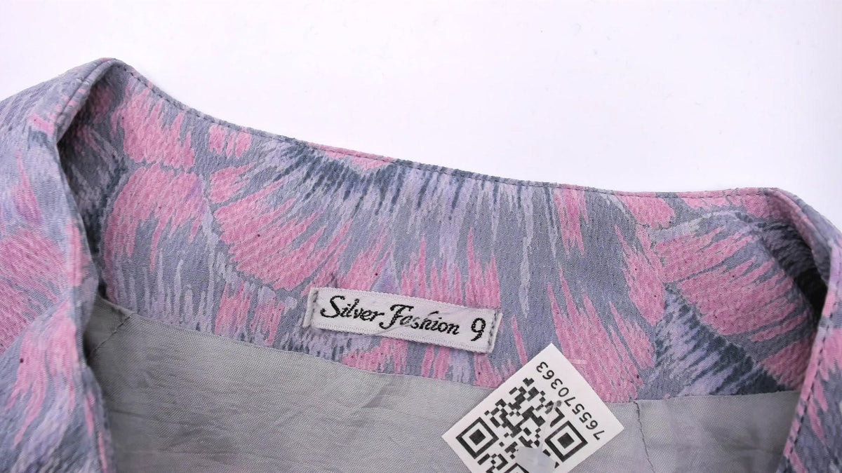 80s Silver Fashion Pink Grey Floral Blouson Dress Button Front Pleated Small S