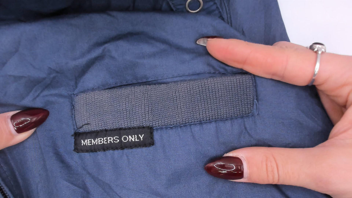 80s Members Only Bomber Jacket Navy Blue Snap Collar Grey Ribbed Trim Medium
