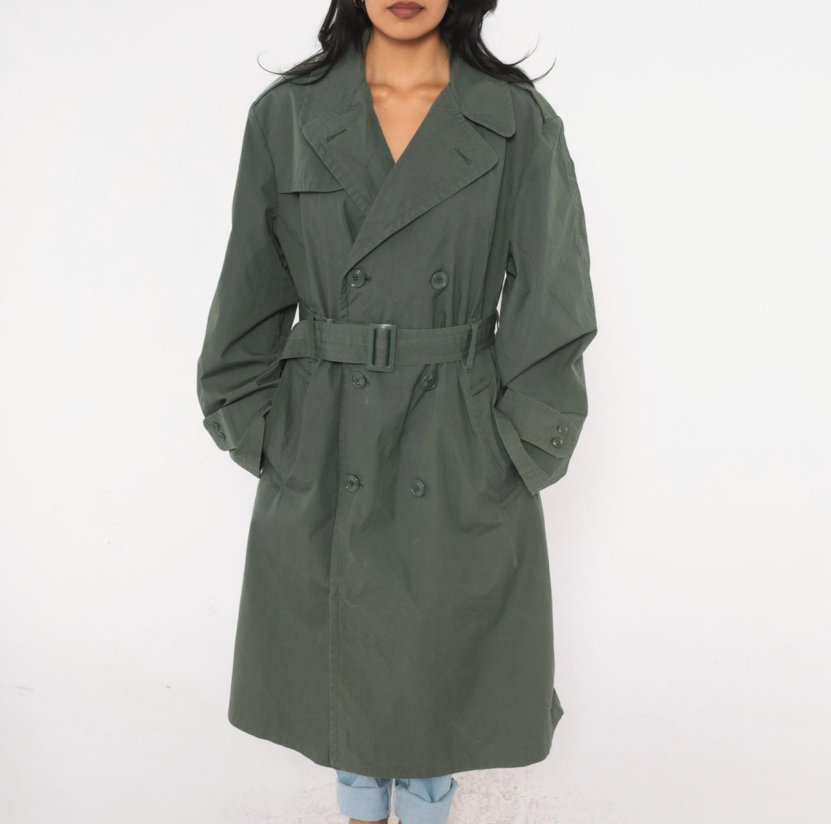 90s Military Trench Coat Grey Olive Double Breasted Long Jacket Medium