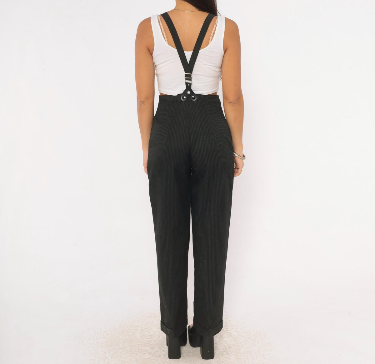 80s 7th Alternative Pinstripe Trousers Black High Waist Pleated Tapered Small S