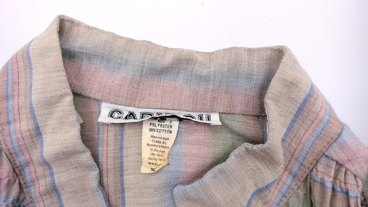 80s Caribou Pastel Striped Cotton Blouse Tie Sleeve Collared V Neck Large L