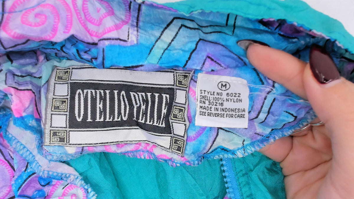 90s Otello Pelle Teal Windbreaker Geometric Color Block Jacket Medium
