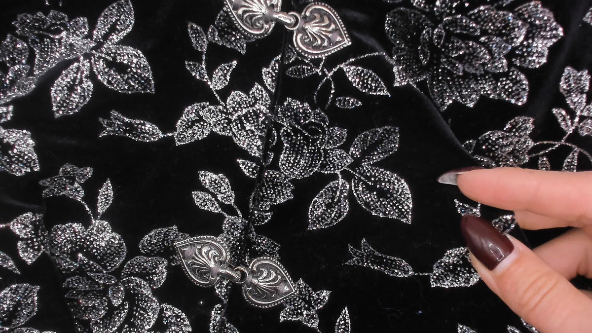 90s Black Velvet Jacket Silver Glitter Floral Mandarin Collar Large L