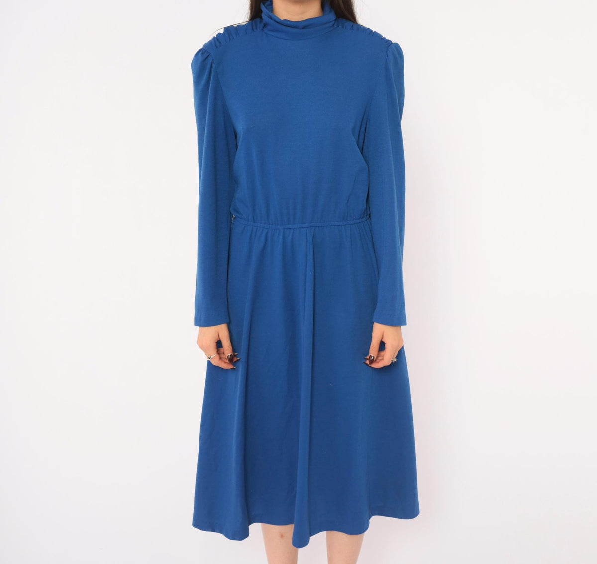 80s Cobalt Midi Dress Puff Shoulder Mock Neck A-Line Pockets Royal Blue Medium M