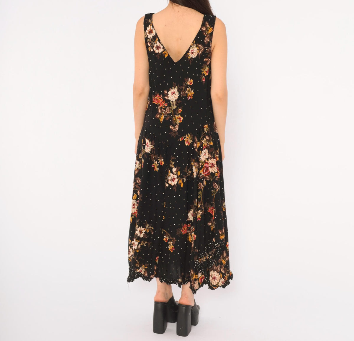 90s Black Floral Midi Dress Cowl Neck Handkerchief Hem Medium M
