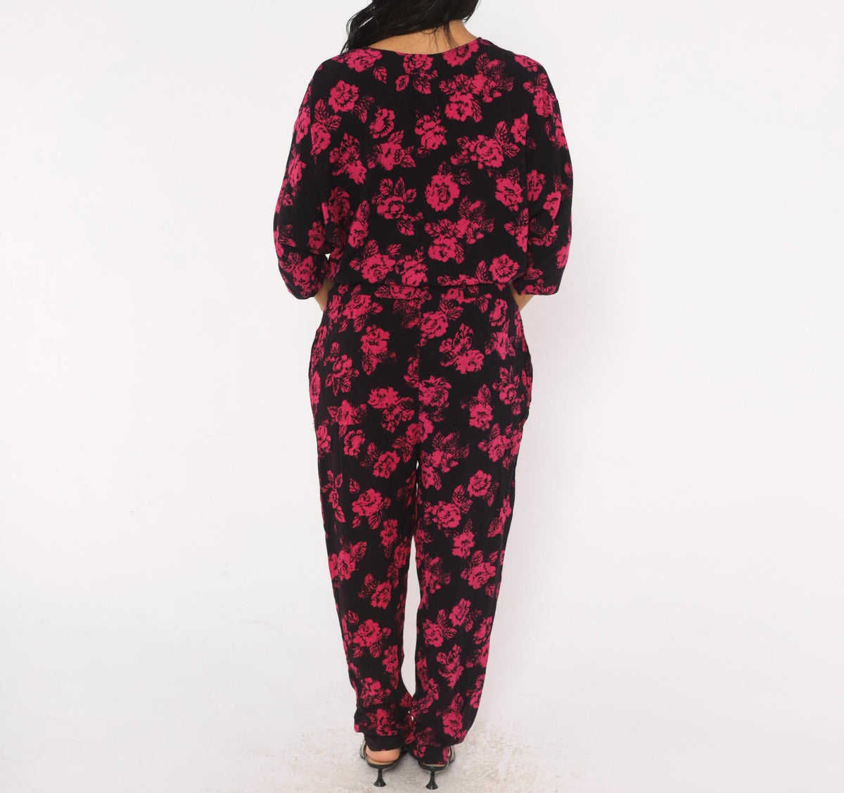 90s Joni Blair Floral Jumpsuit Black Pink Rose Button Front Dolman Medium