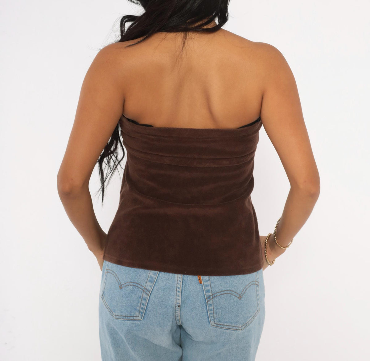 Y2K Brown Terry Tube Top Strapless Drawstring Tie Waist Small