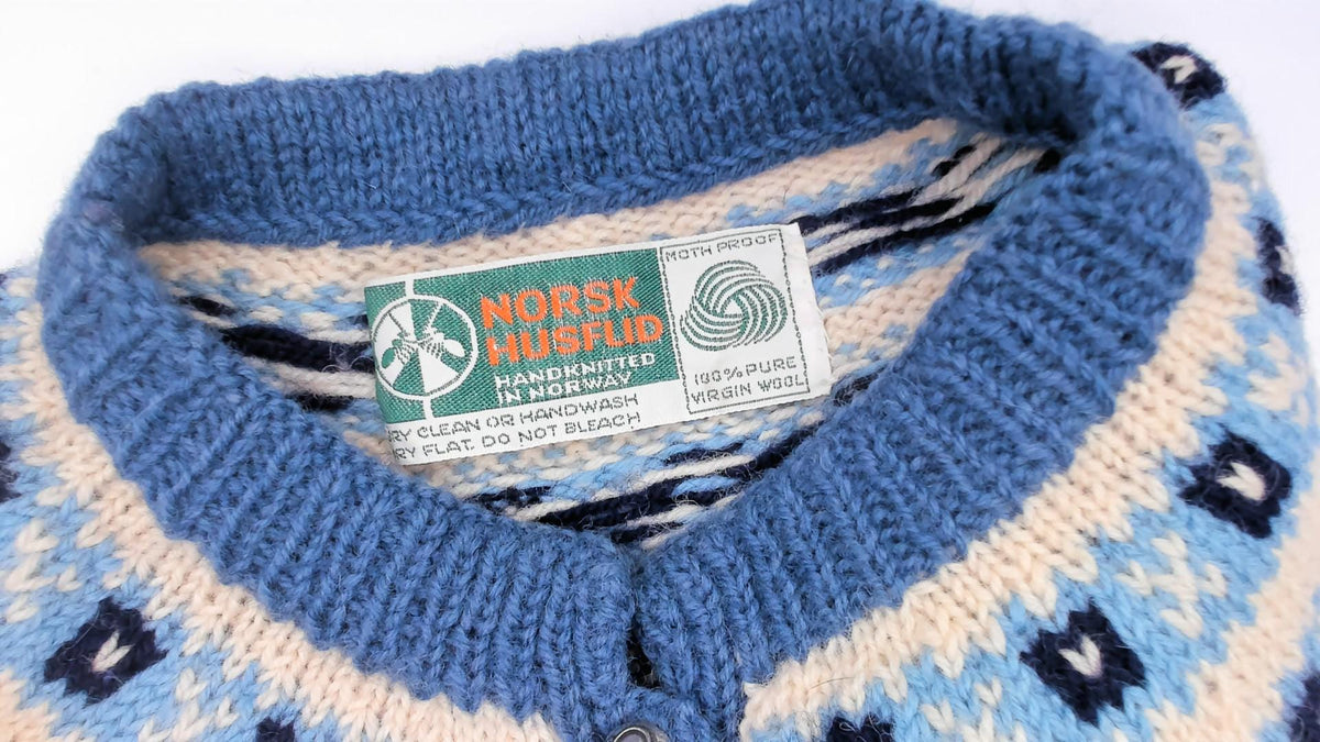 70s Norsk Husflid Fair Isle Wool Cardigan Blue Cream Nordic Knit Small