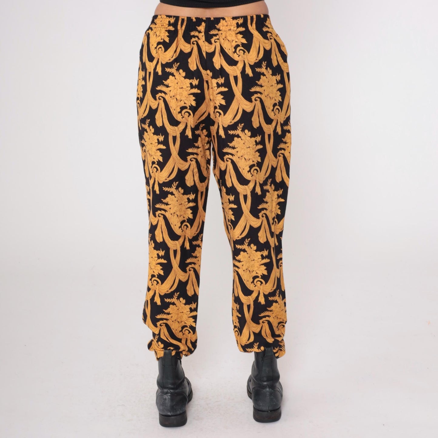 90s Judy Knapp Black Gold Baroque Damask Pants Elastic Waist Medium M