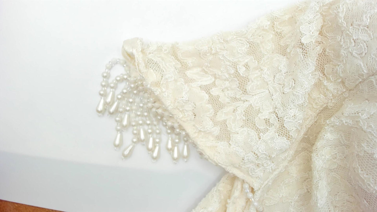 80s Cream Lace Puff Sleeve Dress Beaded Grape Detail Maxi Large L
