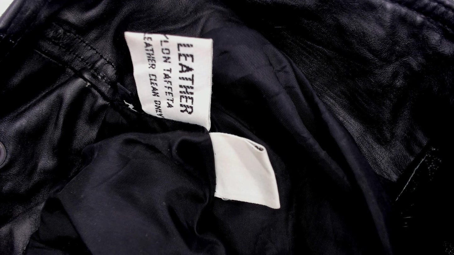90s Black Leather Bomber Jacket Embossed Shawl Collar Medium M