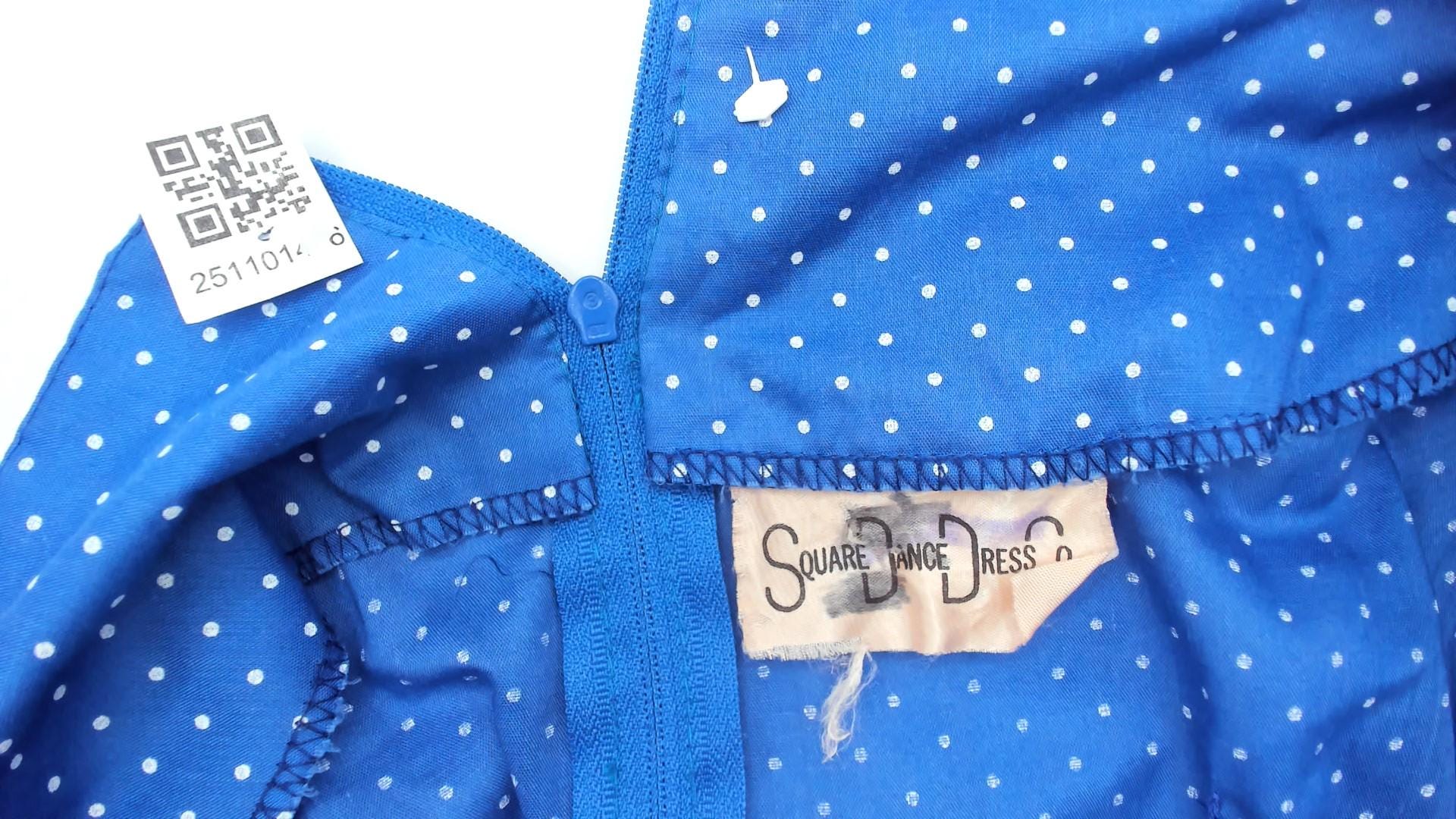 80s Blue Polka Dot Square Dance Dress Puff Sleeve Eyelet Lace Mini Large