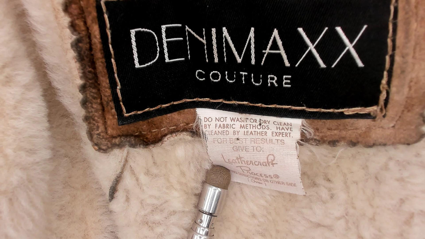90s Denimaxx Couture Suede Hooded Coat Tan Shearling Trim Small