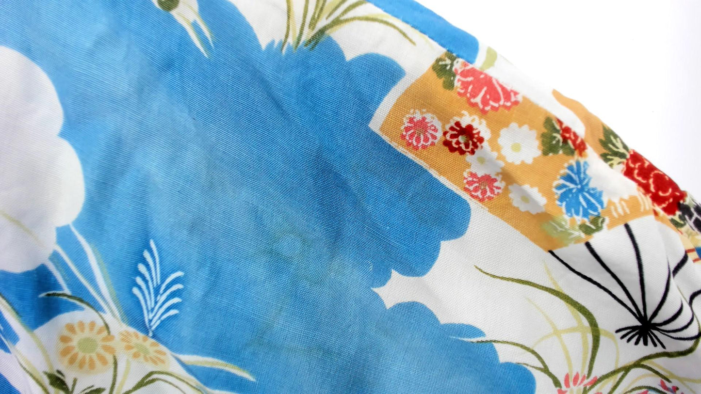 80s Japanese Fan Kimono Robe Blue Floral Maxi Cotton Wrap Large L