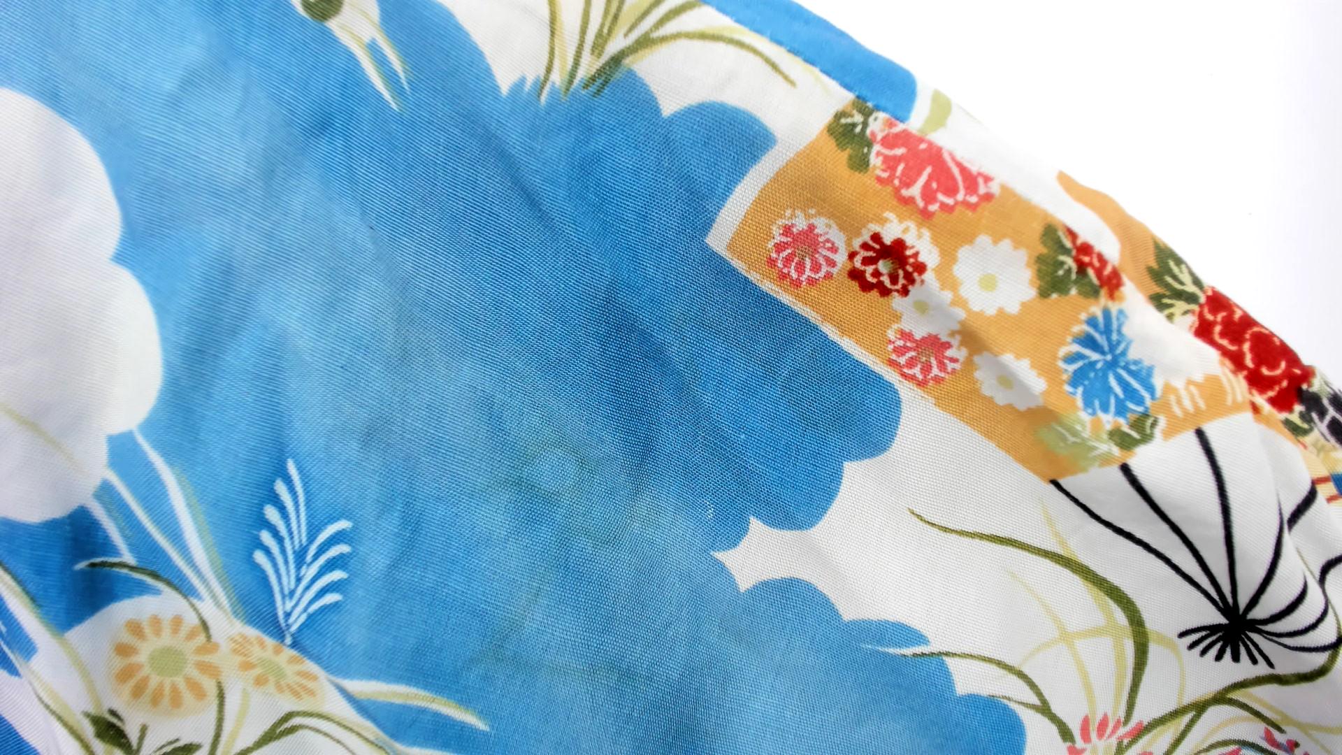80s Japanese Fan Kimono Robe Blue Floral Maxi Cotton Wrap Large L