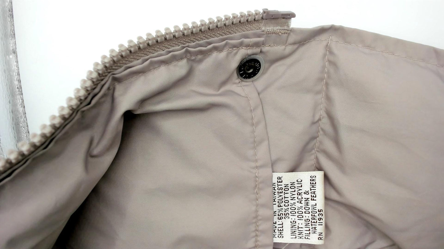 80s Beige Quilted Puffer Coat Down Filled Long Jacket Knit Collar Large L