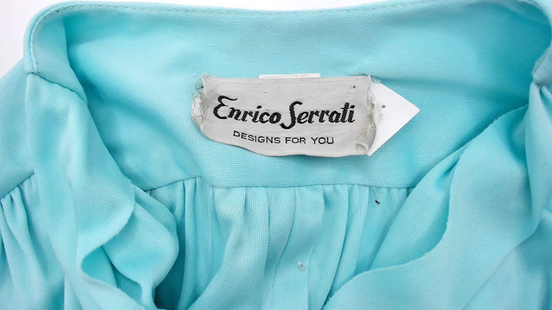 70s Enrico Serrati Aqua Maxi Dress V-Neck Tie Waist Long Sleeve Medium