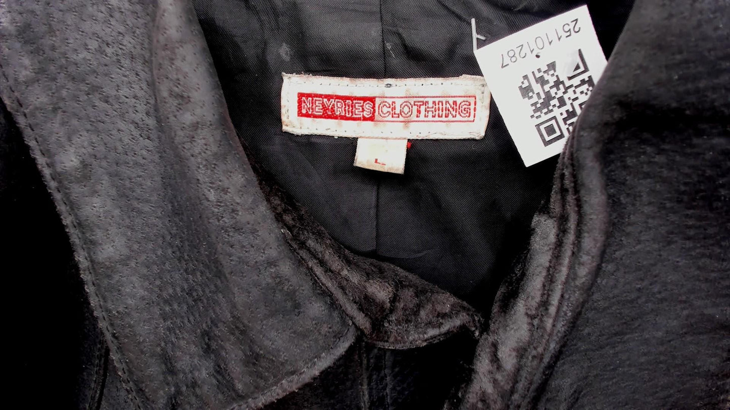90s Neyries Black Leather Western Shirt Pearl Snap Pointed Yoke Large L