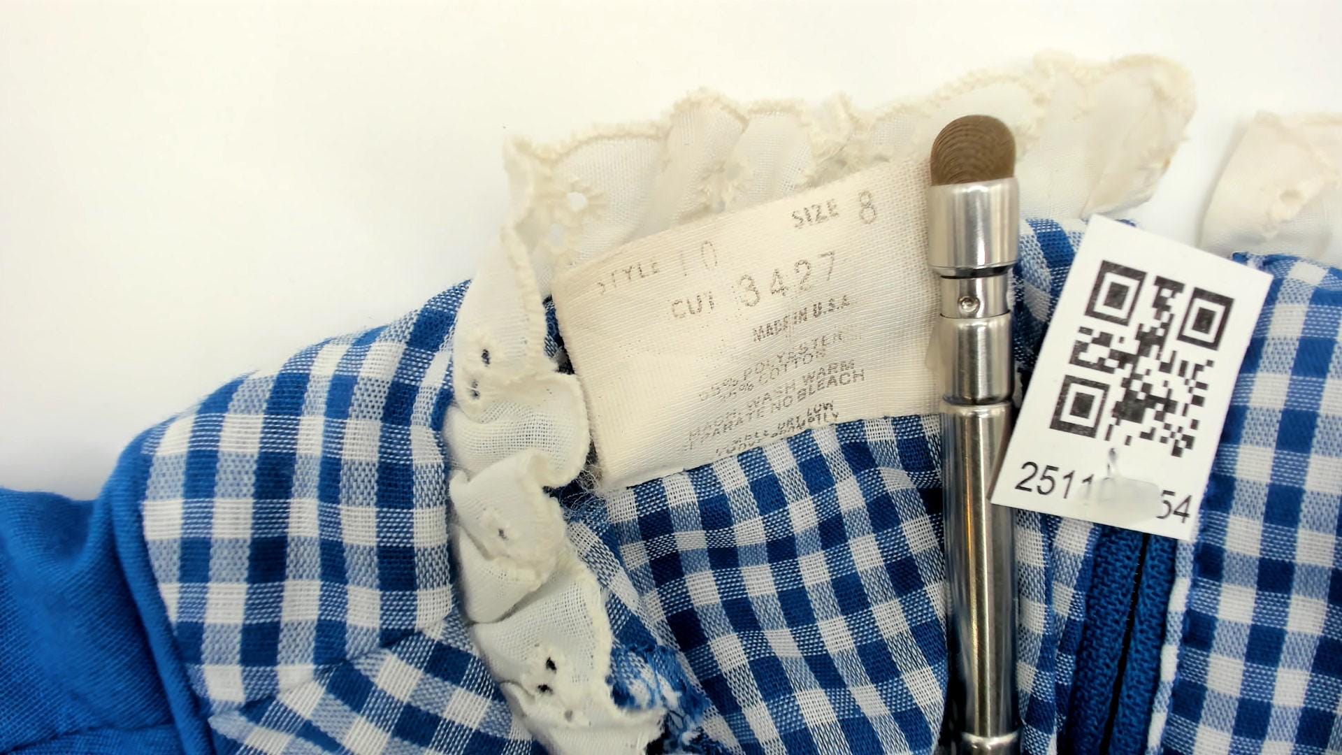 80s Jeri Bee Blue Gingham Pinafore Dress Eyelet Lace Puff Sleeve Small Medium