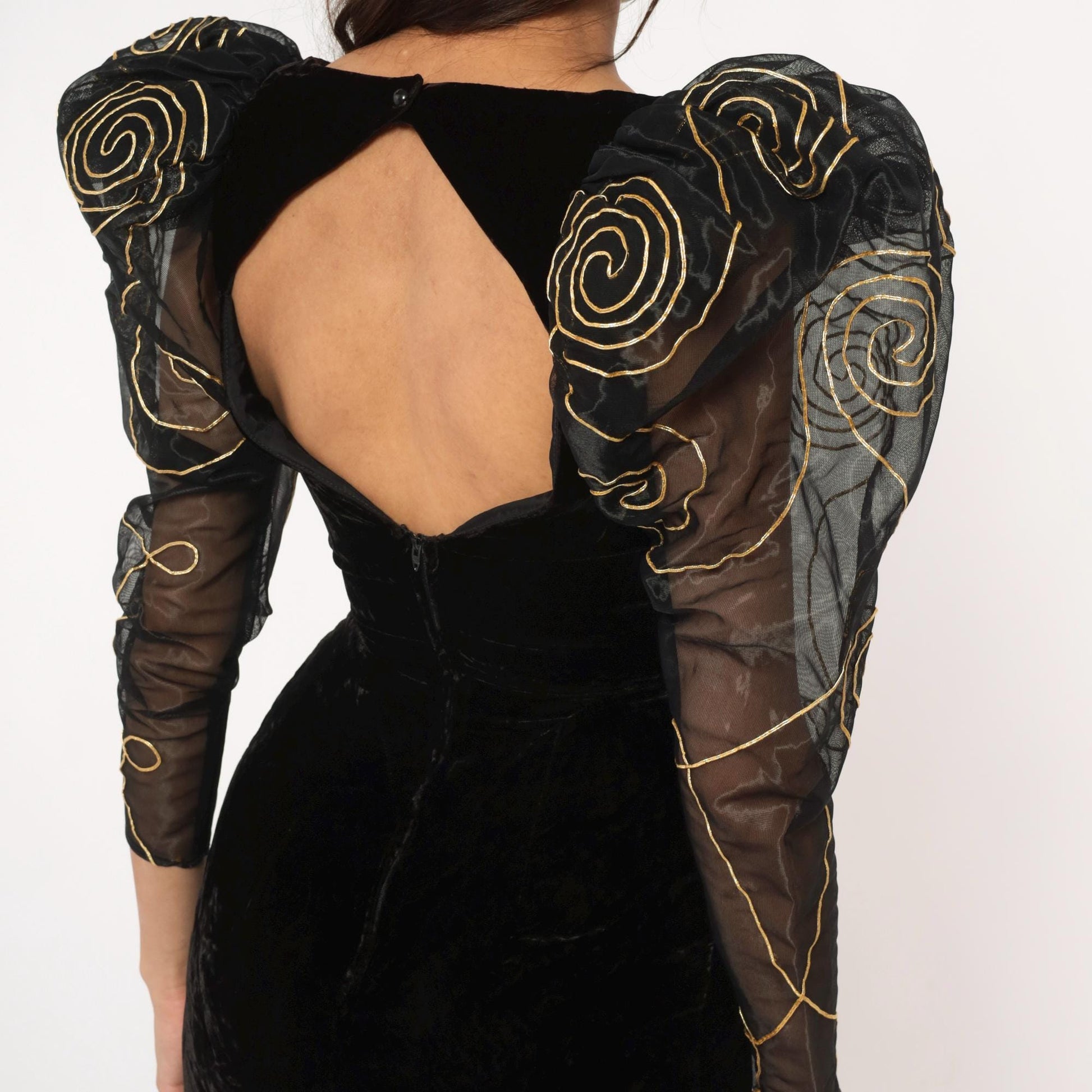 90s Black Velvet Puff Sleeve Dress Gold Embroidered Organza Open Back Small