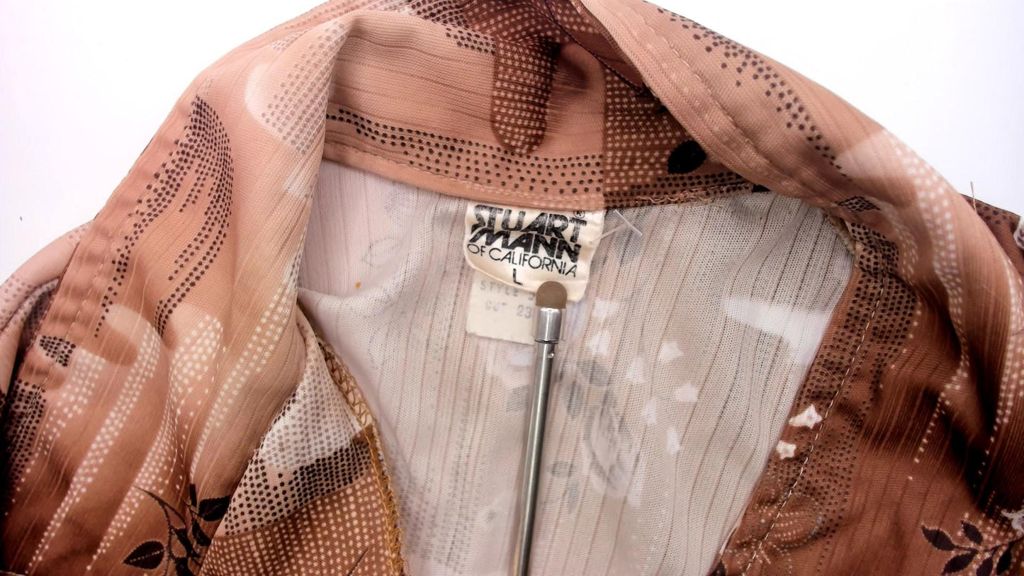 70s Stuart Mann Floral Button-Up Blouse Brown Tan Roses Geometric Medium M
