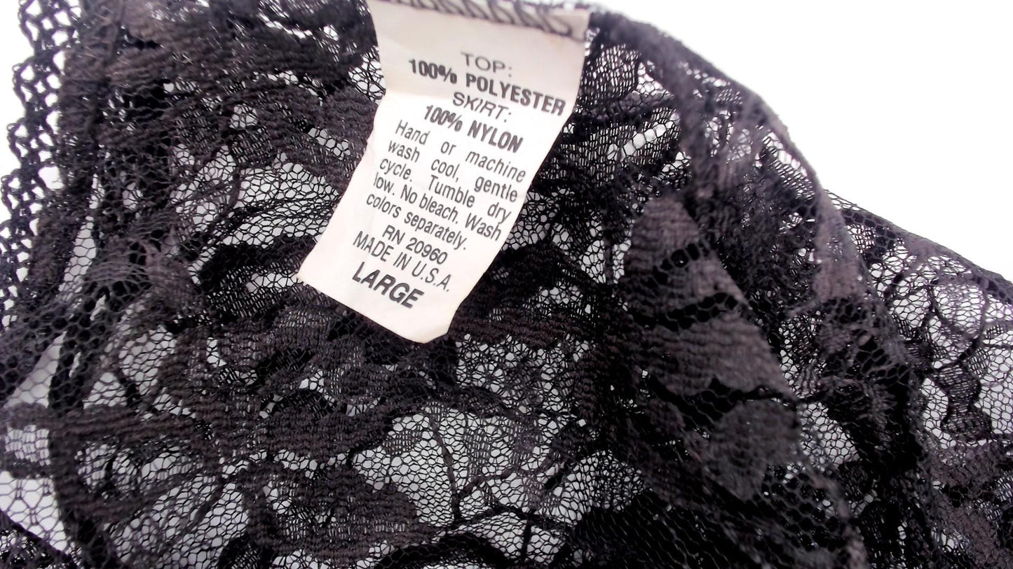 80s Stroke of Midnight Black Lace Nightgown Red Beaded Trim Maxi Large