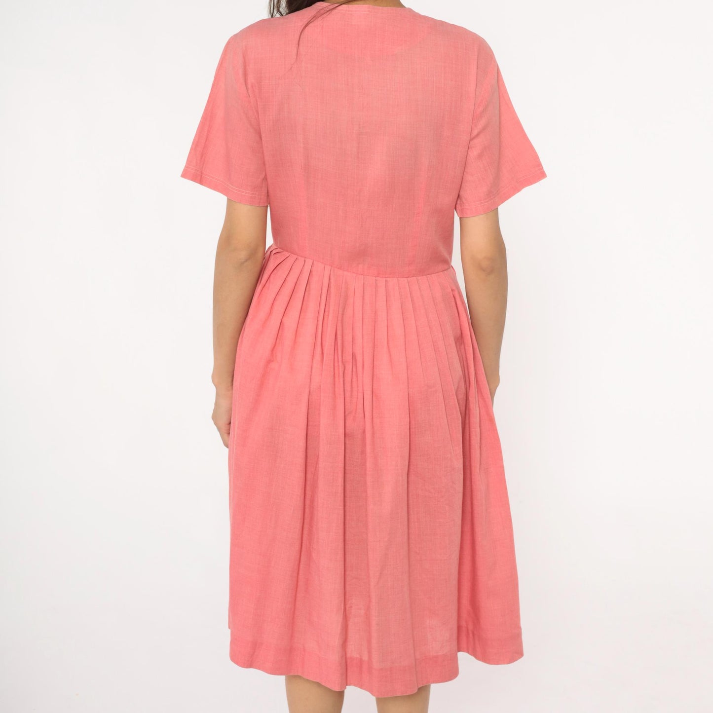 70s Coral Pink Cotton Day Dress Button Front Gathered Skirt Pockets Medium Large