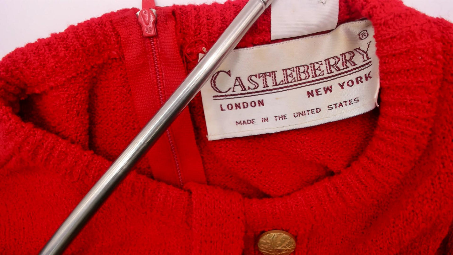 80s Castleberry Red Sweater Dress Gold Buttons Black Cuffs Tie Belt Medium
