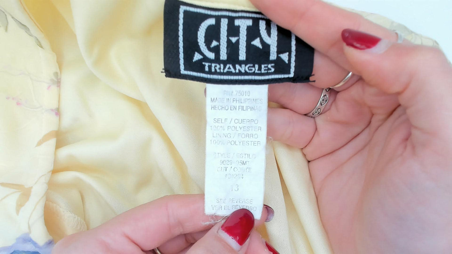 90s City Triangles Floral Chiffon A-Line Dress Yellow Lavender Small