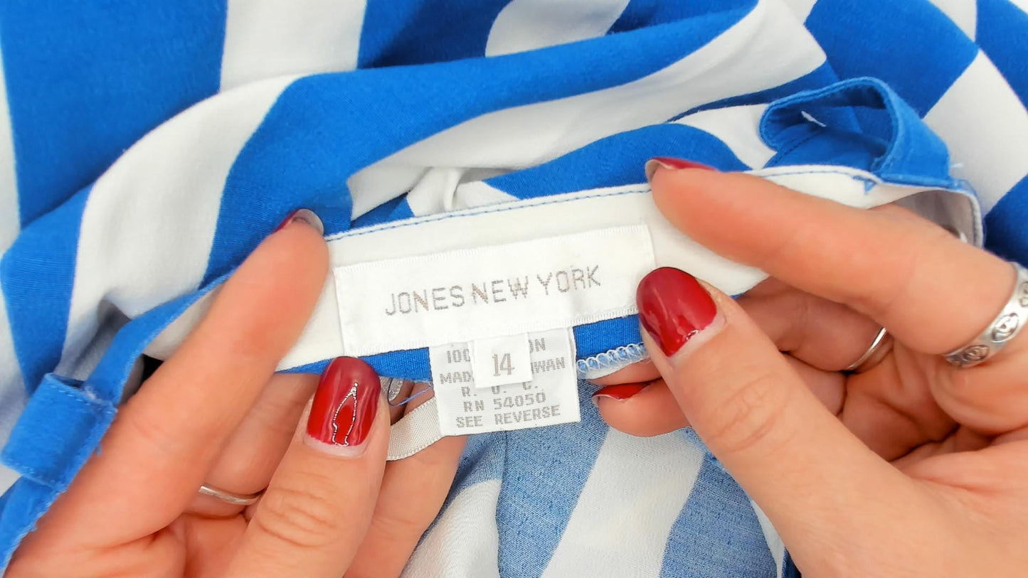 90s Jones New York Blue White Striped Midi Skirt High Waist Pockets Medium M